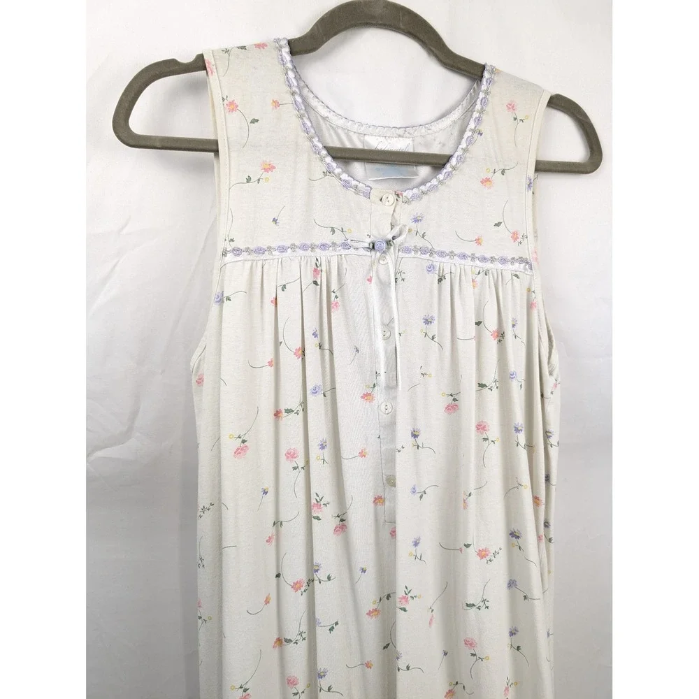 Vintage 90s Floral Lace Trim Sleeveless Nightgown Size S Cottagecore Button Twee